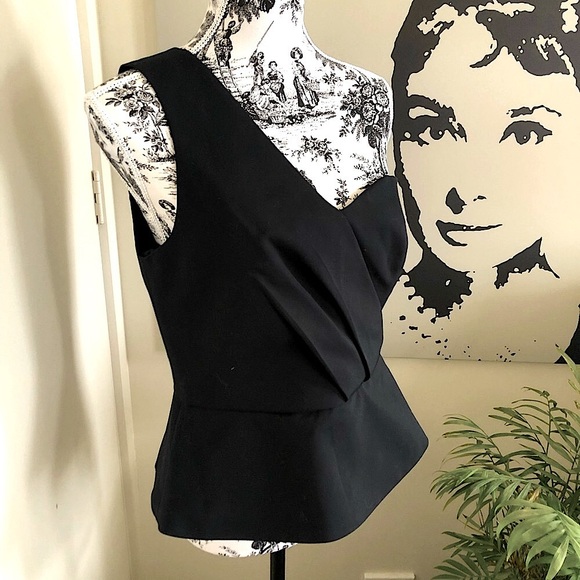 SABA Matte Black One Shoulder Top Glam Peplum Cotton Fit&Flare Lined Size 12 NWT - Picture 3 of 16